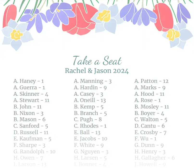 example printed wedding seating chart